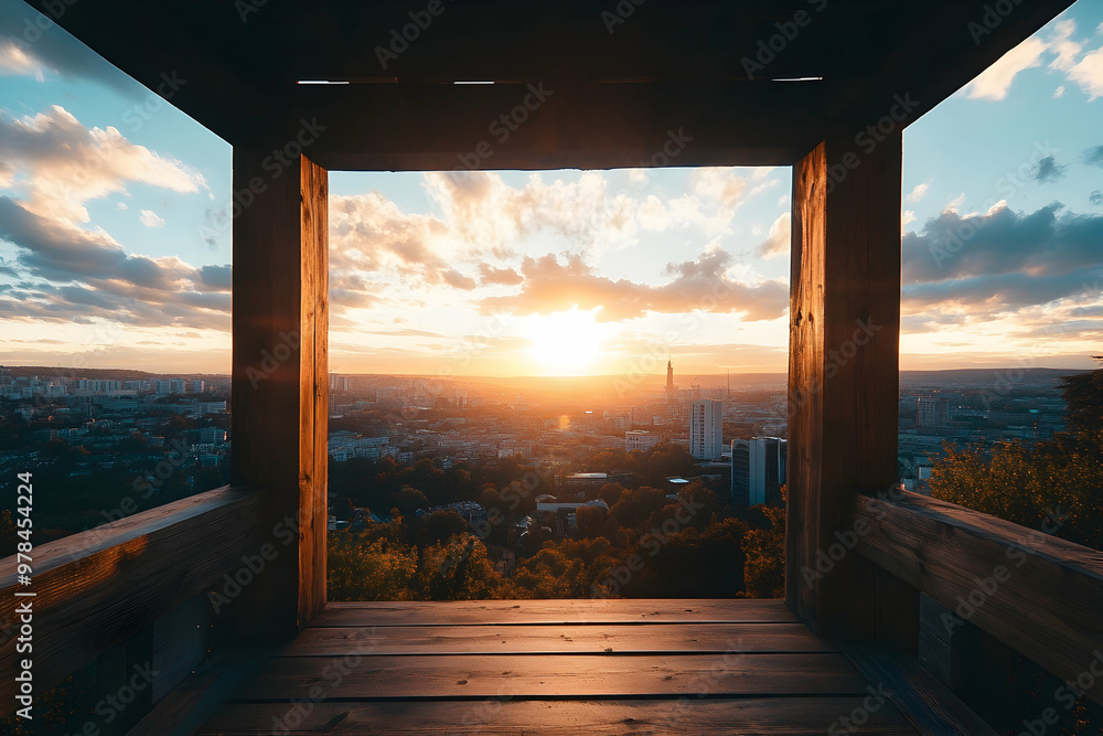 Wall mural beautiful golden sunset view from a wooden platform over a city skyline.