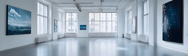 Fototapeta premium 11. **A spacious art gallery with white walls, large windows, and minimalistic decor. The background is clean, focusing on the artwork.