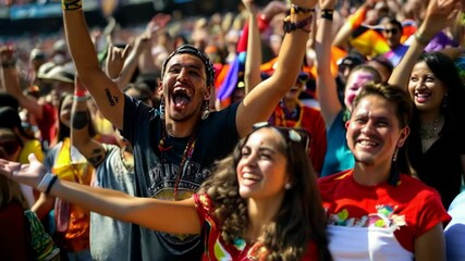Lively crowd of passionate soccer fans with arms raised in the air, celebrating with enthusiasm and energy.