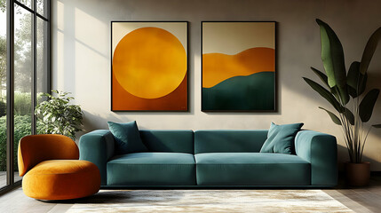 Modern Living Room Design with Teal Sofa and Abstract Art