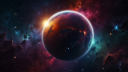 A cosmic-themed mobile wallpaper showing a glowing planet surrounded by rings of colorful nebulas and stars. The deep space background gives a sense of vastness and mystery