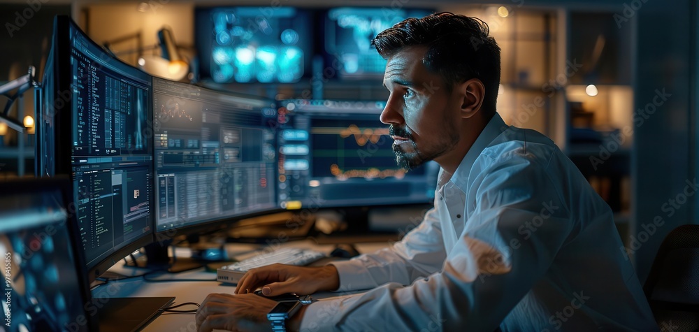 Poster focused professional analyzing data on multiple computer screens in a modern tech office, looking fo