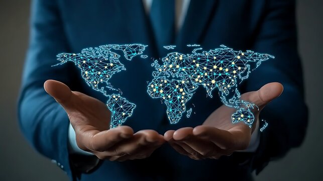 Businessman Holding Holographic World Map with Network Connections 