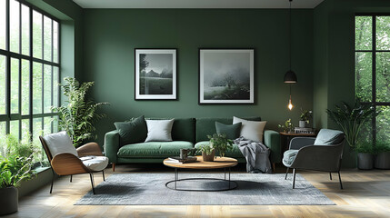 Green Living Room Design with  Large Windows and Natural Light