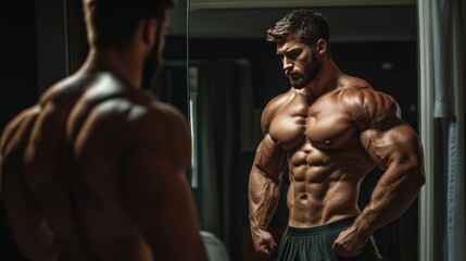 Fototapeta premium A bodybuilder checking his physique in a large mirror, focusing on muscle definition and form