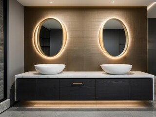 Modern Bathroom Vanity with Two Oval Mirrors and Underlit Cabinets