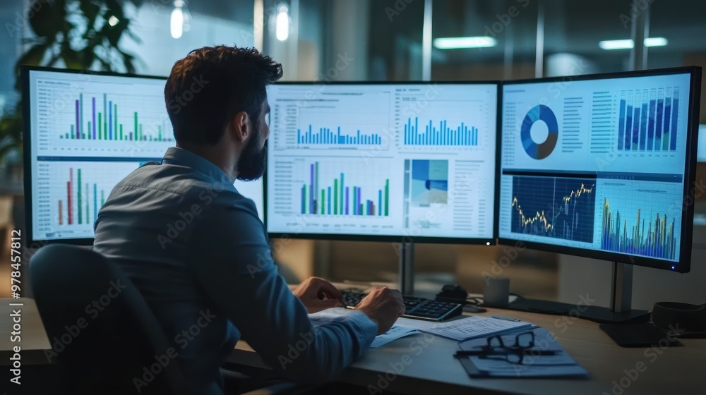 Poster a business analyst examining detailed financial reports on multiple monitors, visualizing data trend
