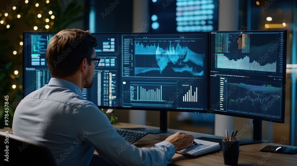 Poster a business analyst examining detailed financial reports on multiple monitors, visualizing data trend