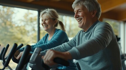 A senior couple exercising together on stationary bikes, smiling and chatting during their workout