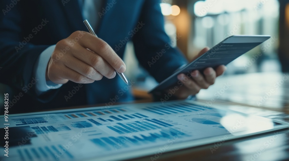 Poster a business developer reviewing a financial dashboard on a tablet, analyzing key performance indicato