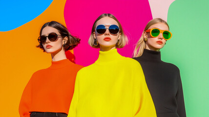 Three women stand side by side against a vibrant background.