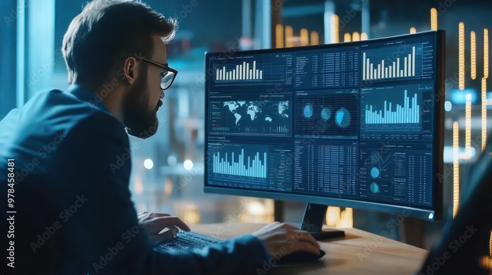 Poster a business leader analyzing a complex dashboard on a computer monitor, illustrating key performance 