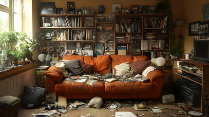 Messy Living Room with Orange Couch and Bookshelves Full of Books