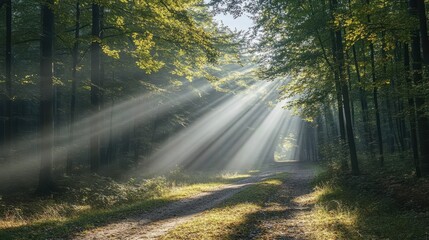 Obraz premium Forest Road Illuminated by Sunrays