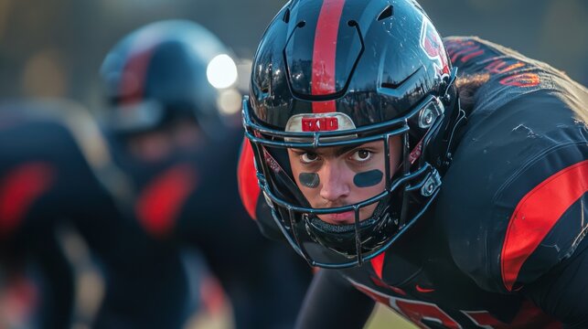 A defensive lineman in a stance, eyes focused, waiting for the snap to charge and disrupt the play