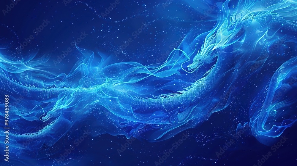 Poster abstract flying dragons on a dark blue background. technological background for design on the topic 