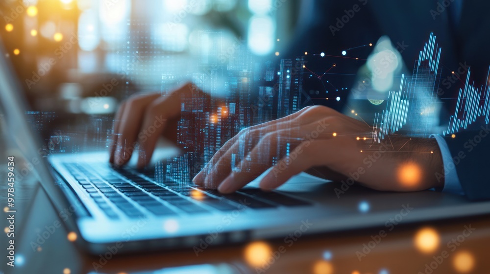 Poster a close-up of a business manager's hands typing on a laptop, surrounded by graphs and business plans