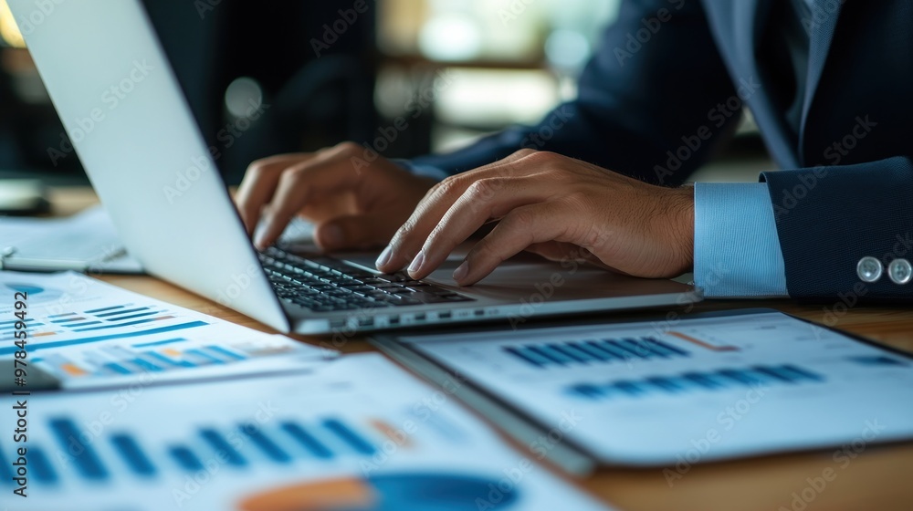 Poster a close-up of a business manager's hands typing on a laptop, surrounded by graphs and business plans