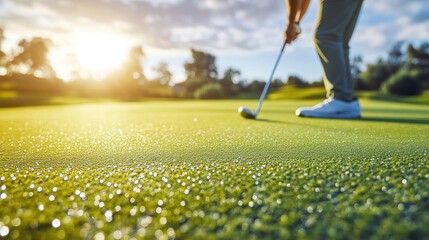 A golfer lining up a putt on a pristine green, with a focus on the intense concentration in his eyes and the early morning dew sparkling on the grass