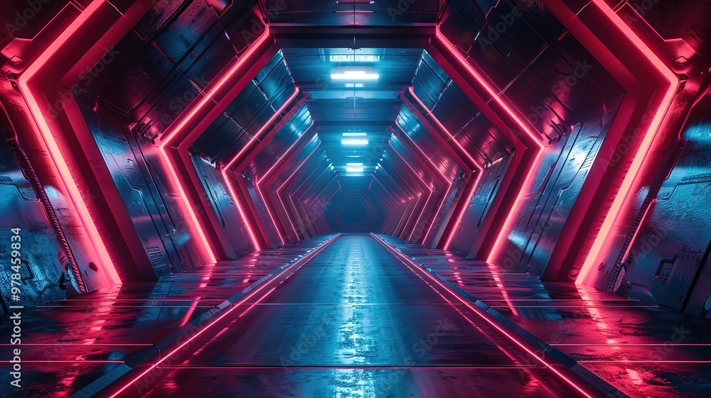 Poster 3d rendering of dark abstract sci-fi tunnel, futuristic triangle spaceship corridor