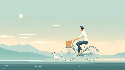 Fototapeta premium A man walking his dog on a bicycle.