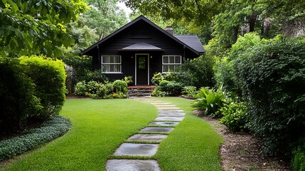 Fototapeta premium Charming Watercolor Cottage Enveloped in Colorful Botanical Garden Sanctuary 