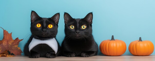 Fototapeta premium Black cat dressed as a ghost with glowing eyes, ghost cat, spooky Halloween cat portrait