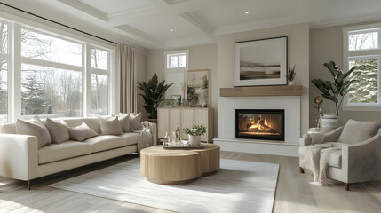 Modern Living Room Design with Fireplace, Sofa, and Large Windows