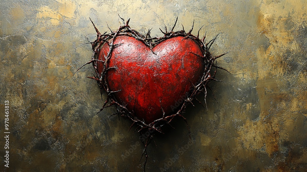 Wall mural A vibrant red heart encircled by thorny vines, symbolizing love intertwined with pain and emotion on a textured background. 