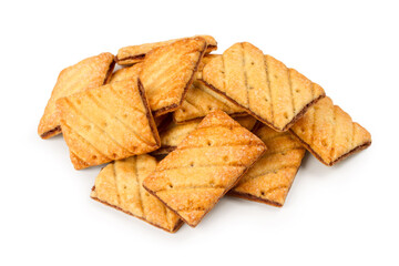 A pile of square cookies on a white background. Crispy cookies with chocolate filling.