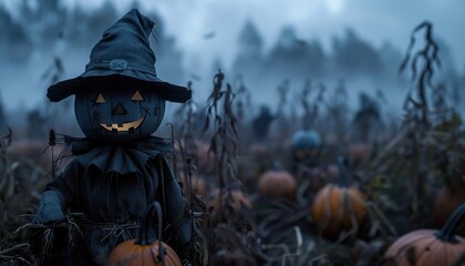 Spooky Halloween scarecrow in a foggy pumpkin patch at dusk, creating an eerie and haunting autumn scene.