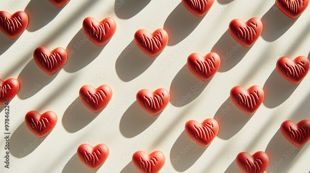 Poster tiny hearts with a shadow effect creating a pattern on a light background