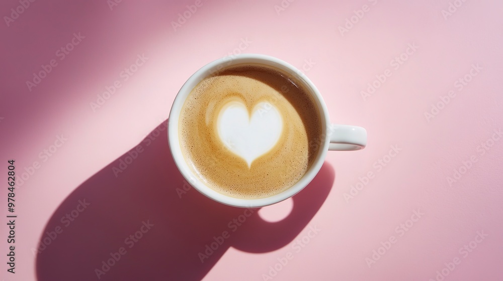 Wall mural cup of coffee with directional shadow with milk with heart shape in the center over a pink background vertical top aerial view closeup