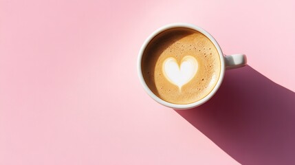 cup of coffee with directional shadow with milk with heart shape in the center over a pink background vertical top aerial view closeup 