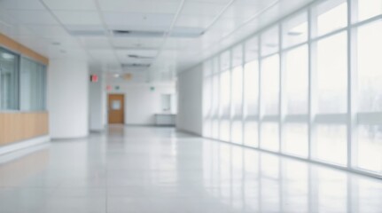 Blur image background of hospital clinic corridor empty hallway glass window ceiling door healthcare