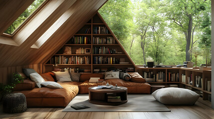 Cozy Reading Nook with Bookshelves and Window View