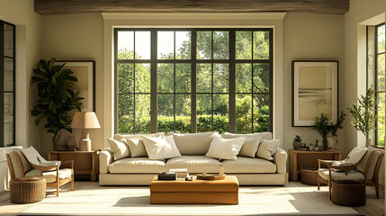 Modern Living Room with Large Windows and Natural Light, Cozy Sofa with Pillows and a Coffee Table,  Rustic and Contemporary Design