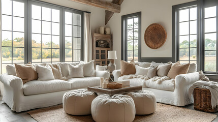 Fototapeta premium Modern Farmhouse Living Room Design with White Couches and Natural Textures