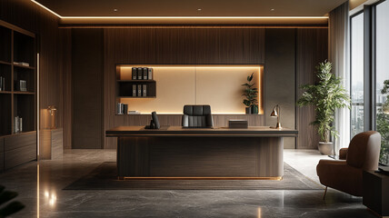 Modern executive office interior design with stylish furniture and ample natural light