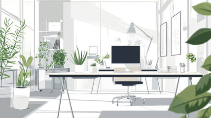 Bright and minimalistic office space with plants and a computer workstation in modern design
