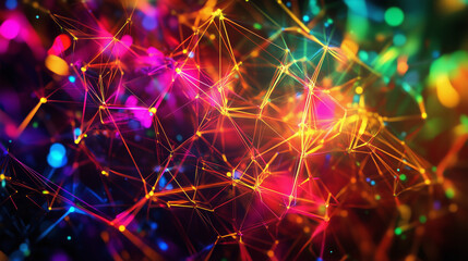 Obraz premium Abstract illustration, intricate web of nodes and connections, vibrant lines and shapes forming a network, geometric patterns, bright and dynamic colors, futuristic and abstract mood