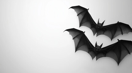 Fototapeta premium Two bats soar gracefully in the air against a light background, creating an ideal atmosphere for Halloween-themed designs and messages, copy space
