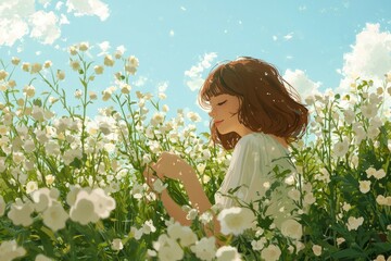 A Tranquil Flower-Picking Scene In A Sun-Drenched Field, With The Gentle Breeze Causing The Flowers To Sway Softly. Cozy Vibe, Generative AI