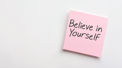 Sticky Note: A single light pink sticky note with the words "Believe in Yourself" written in simple, clear handwriting. The sticky note is placed on a plain white background, encouraging self-confiden