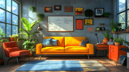 Modern Living Room Interior Design with Yellow Sofa and Plants