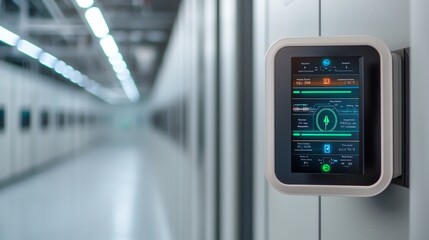Smart thermostatic control room in a modern building, adjusting settings automatically, futuristic green tech, energy management, concept