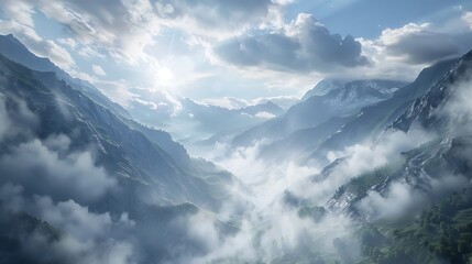 A serene mountain valley blanketed in heavy mist, with clouds hovering above, diffusing the sunlight and casting a soft, ethereal glow over the scene.