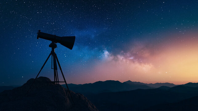  A large telescope on a remote mountain under a starry night sky, pointing towards the cosmos.,concept of space, cosmic science, banner for world space day