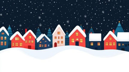 Christmas Eve snow-covered town, glowing windows and trees, flat design illustration