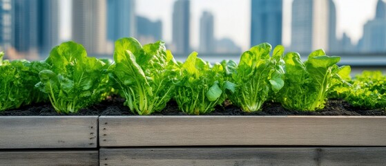 Fresh lettuce growing in a modern urban garden with city skyline in the background, showcasing sustainable agriculture.